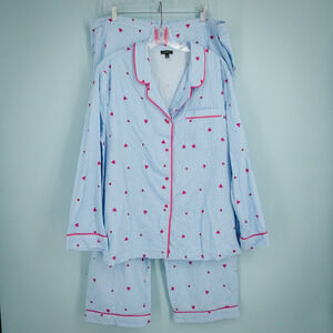 Talbots Size XL Blue Cupid Hearts Stripe Woven Button Cotton Pajama Sleep Set